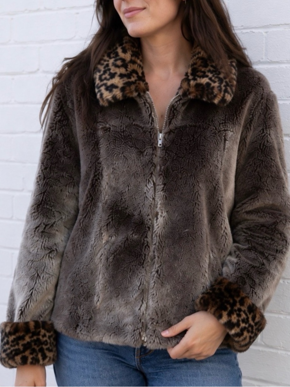 Y2K Inspired Faux Fur Zip-Up Jacket Leopard Trim Brown Grey - M